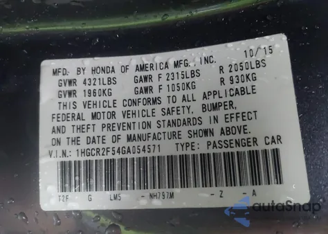 2016 Honda Accord Sport z USA, uszkodzony, nr VIN 1HGCR2F54GA054571